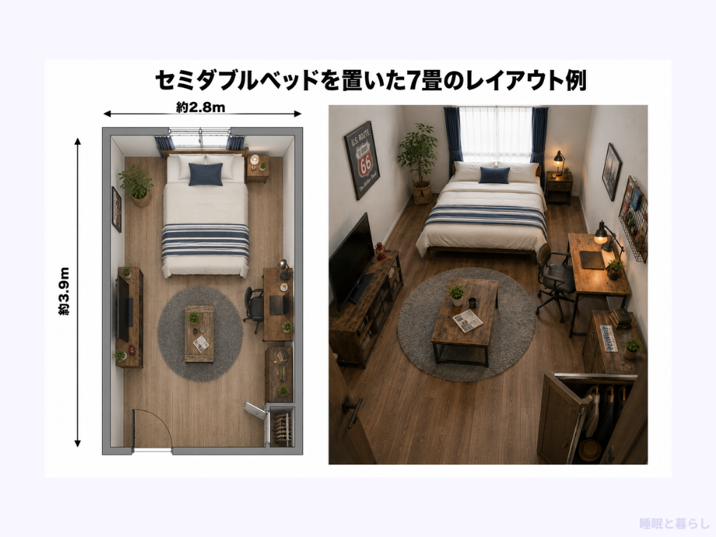 セミダブルベッドを置いた7畳のレイアウト例