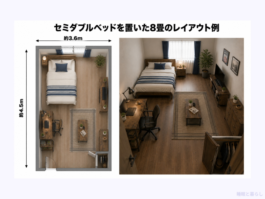 セミダブルベッドを置いた8畳のレイアウト例