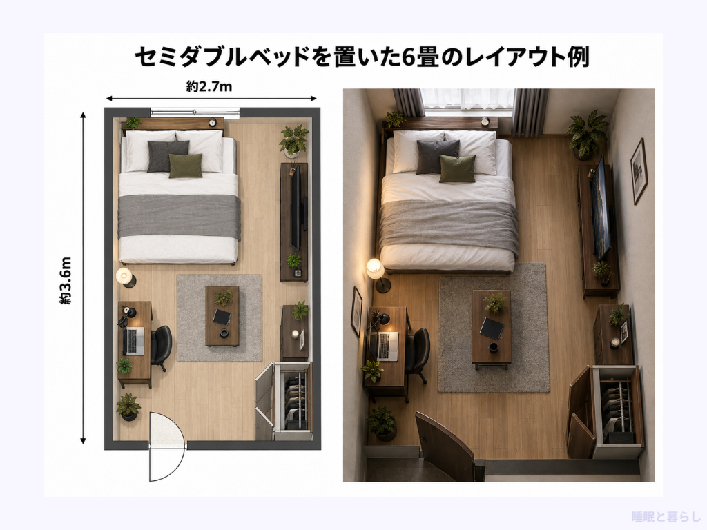 セミダブルベッドを置いた6畳のレイアウト例