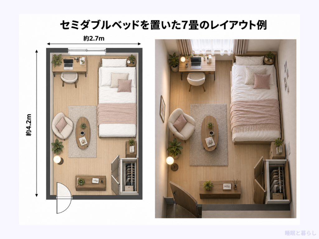 セミダブルベッドを置いた7畳のレイアウト例