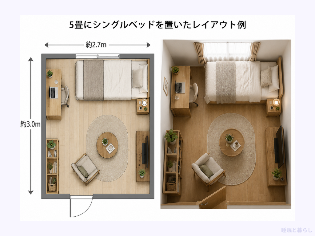5畳にシングルベッドを置いたレイアウト例