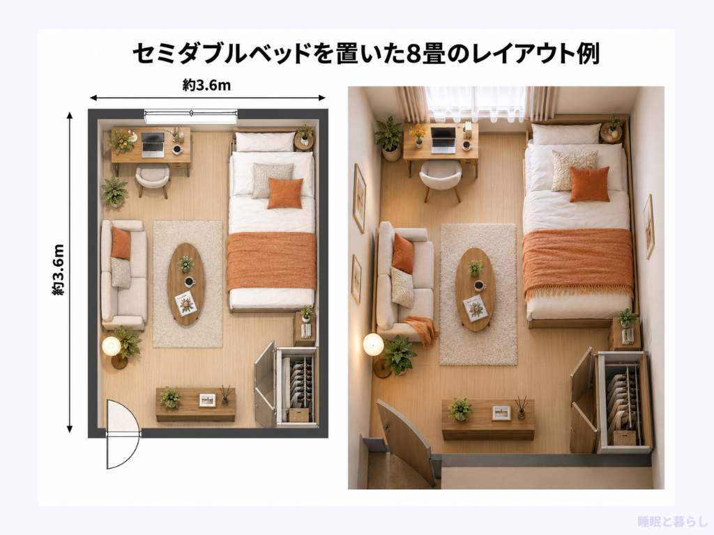 セミダブルベッドを置いた8畳のレイアウト例