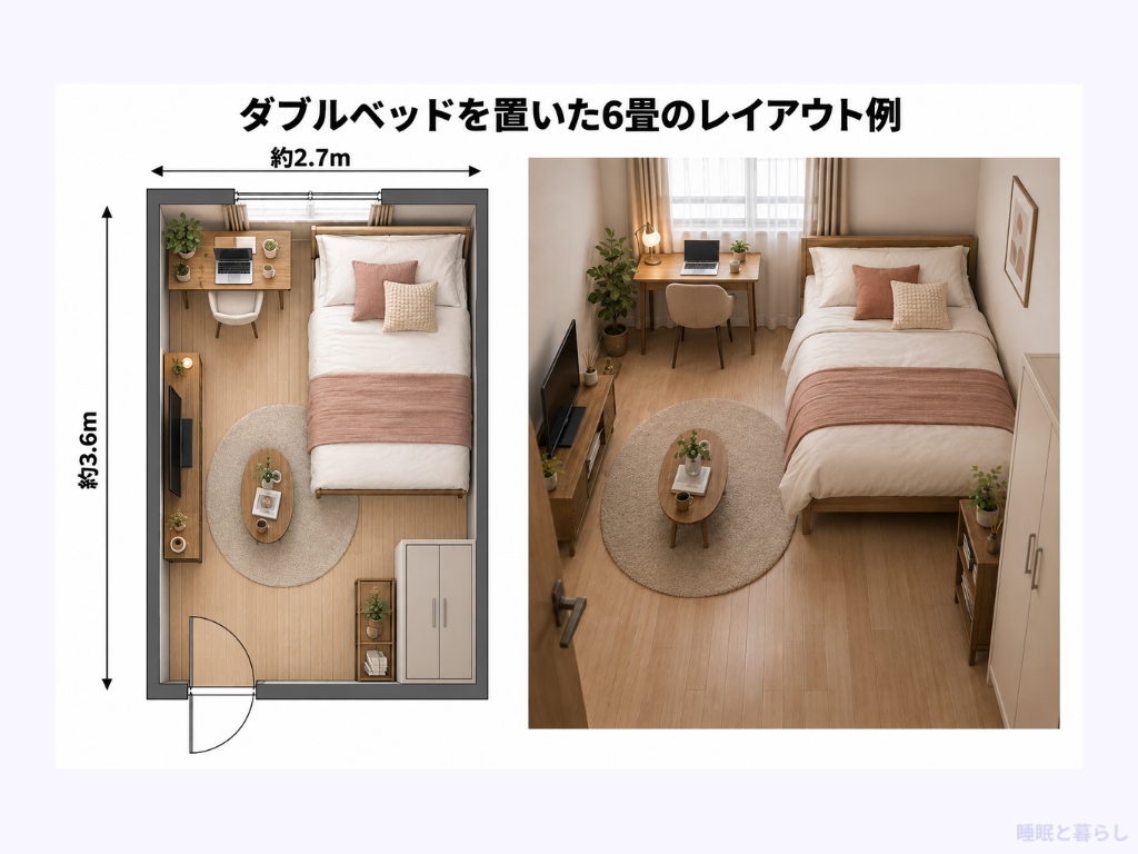 ダブルベッドを置いた6畳のレイアウト例