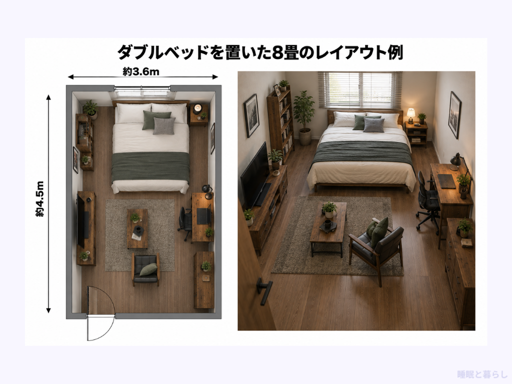 ダブルベッドを置いた8畳のレイアウト例