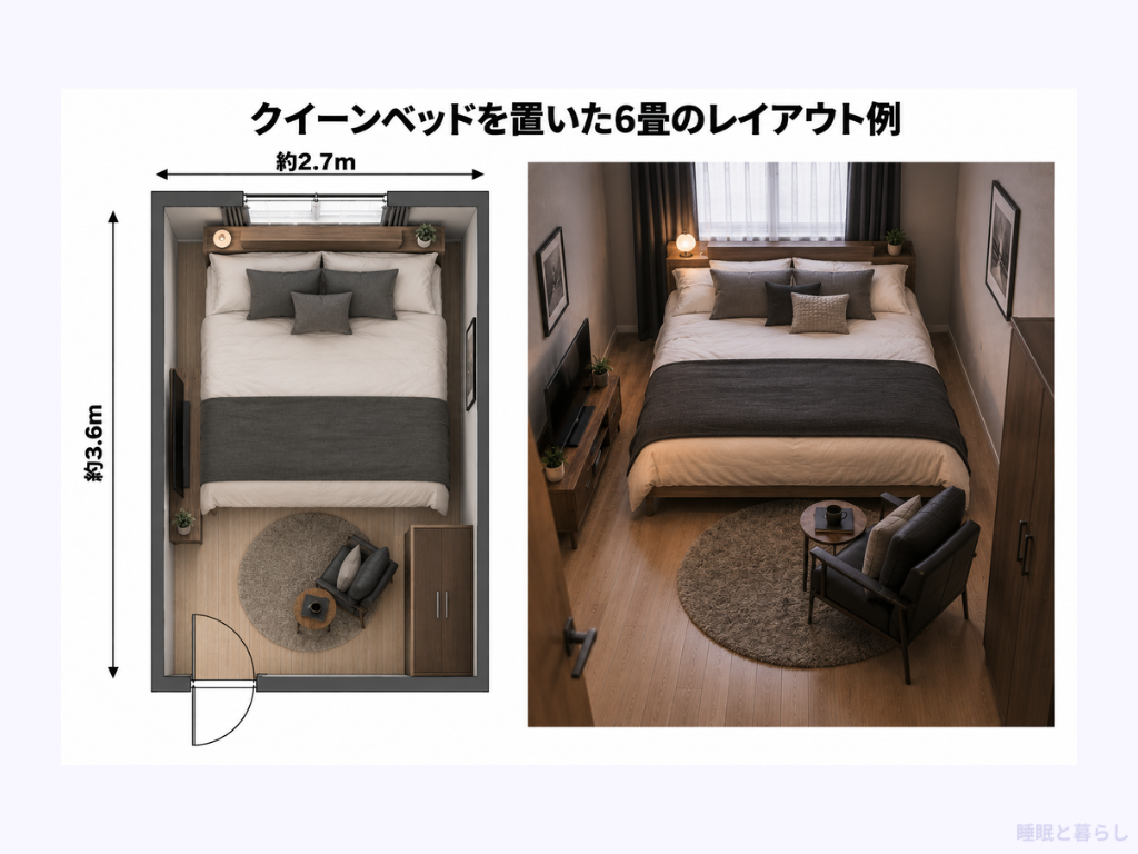 クイーンベッドを置いた6畳のレイアウト例