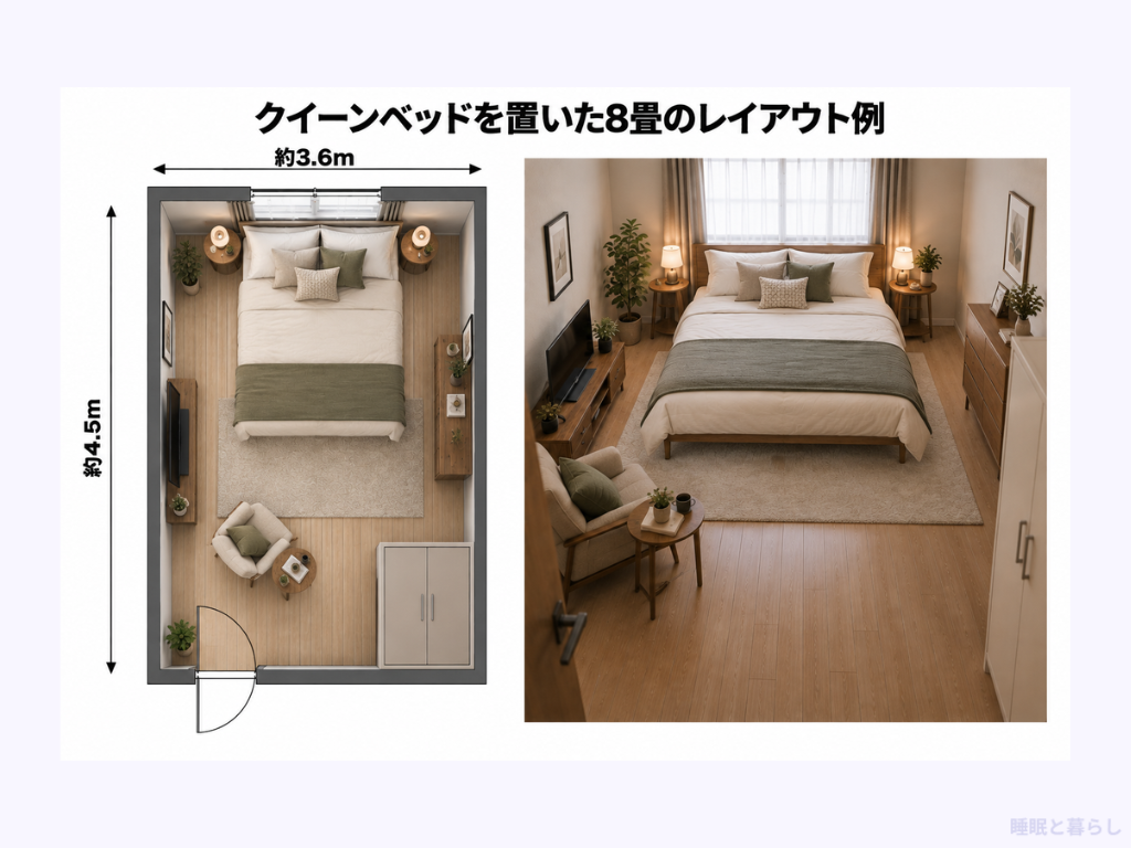 クイーンベッドを置いた8畳のレイアウト例