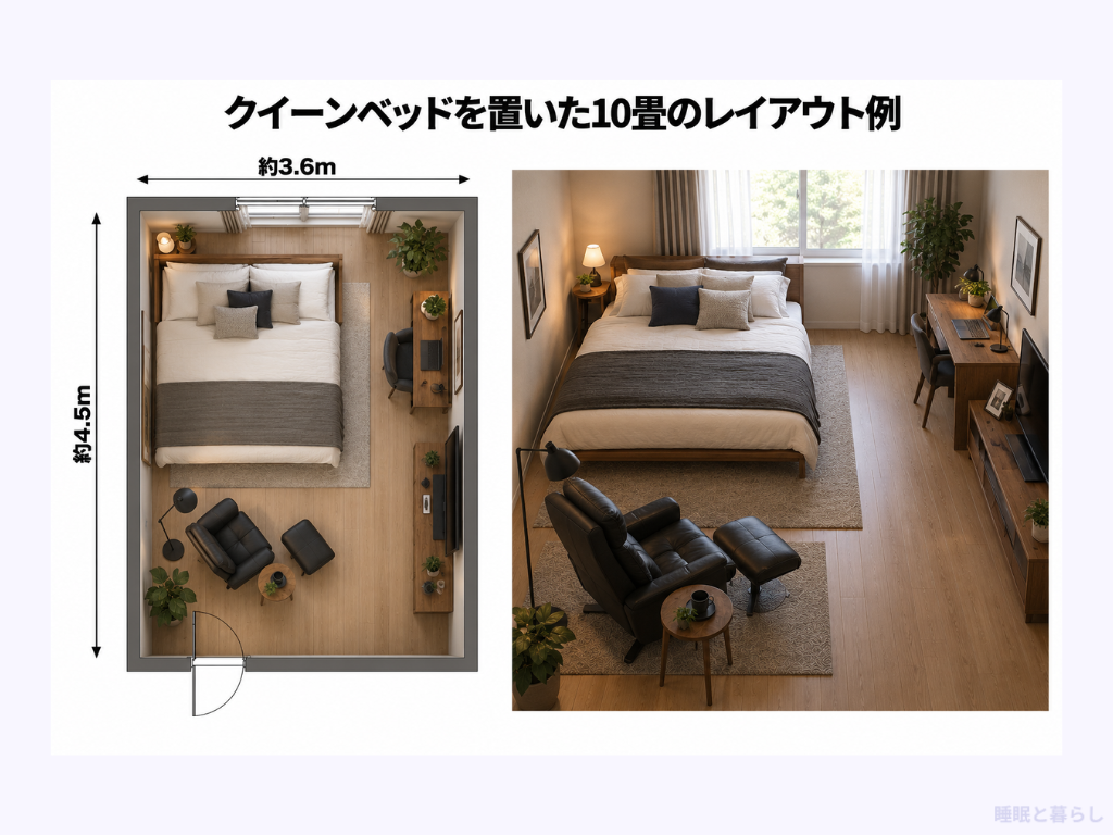 クイーンベッドを置いた10畳のレイアウト例