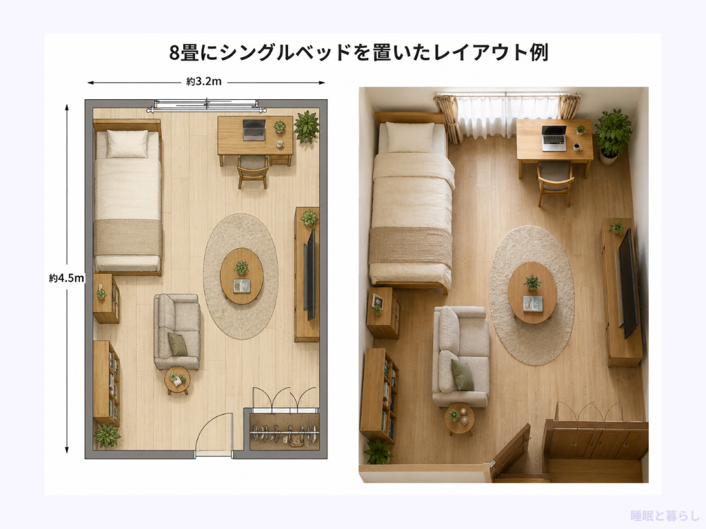 8畳にシングルベッドを置いたレイアウト例