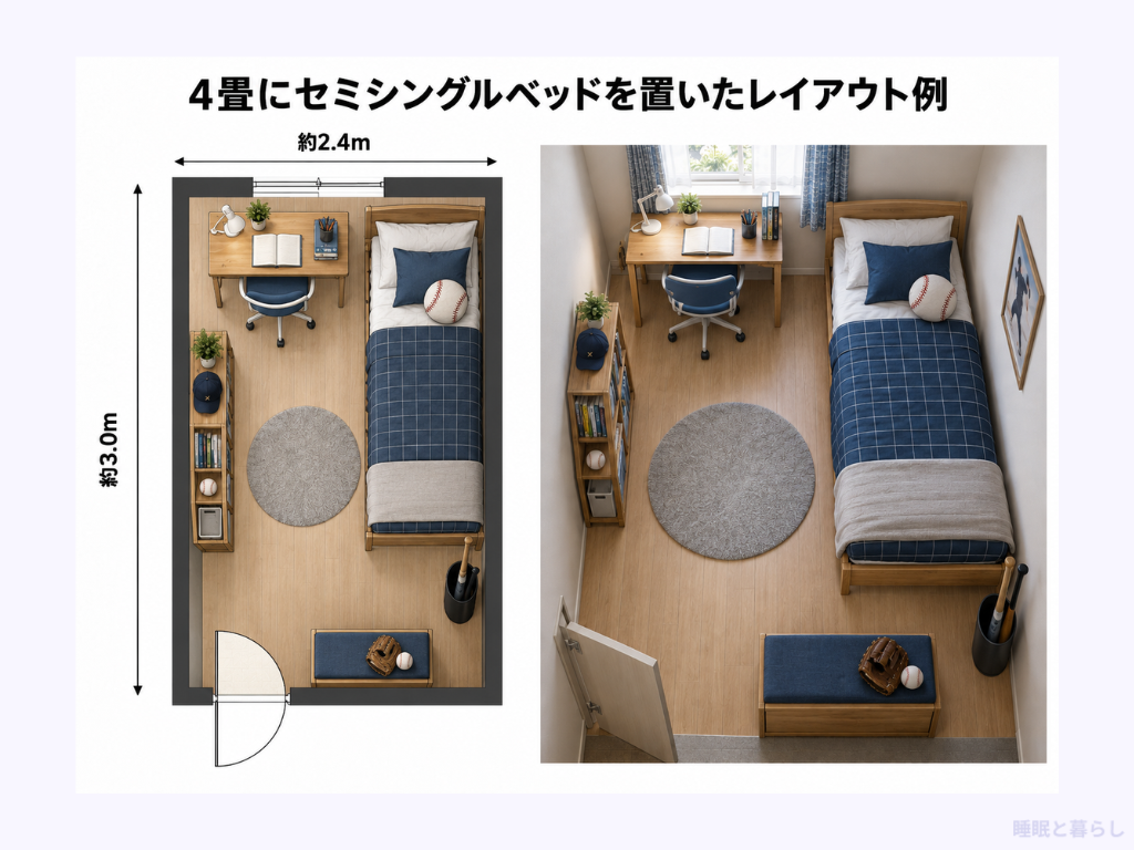 4畳にセミシングルベッドを置いたレイアウト例