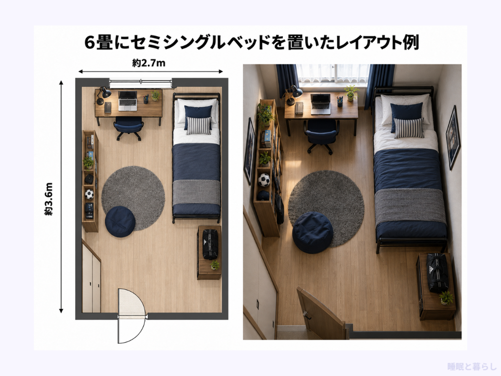6畳にセミシングルベッドを置いたレイアウト例