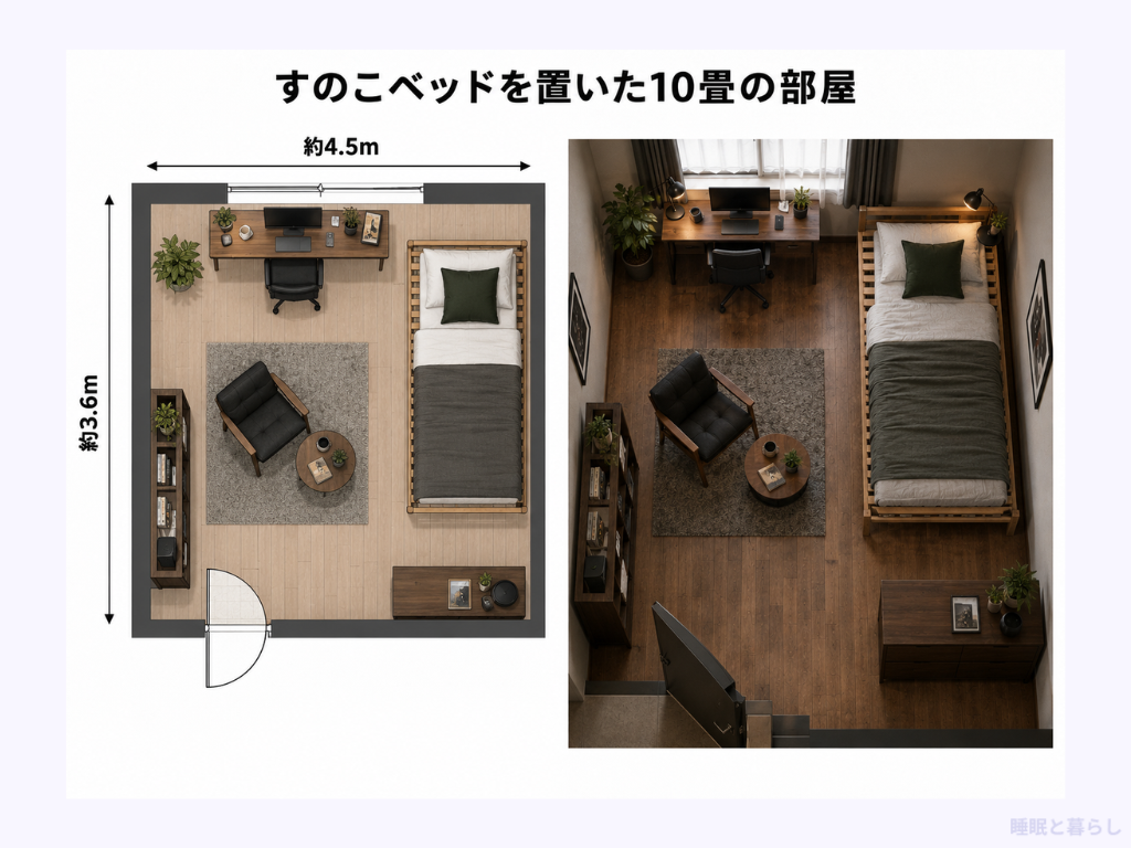 すのこベッドを置いた10畳の部屋