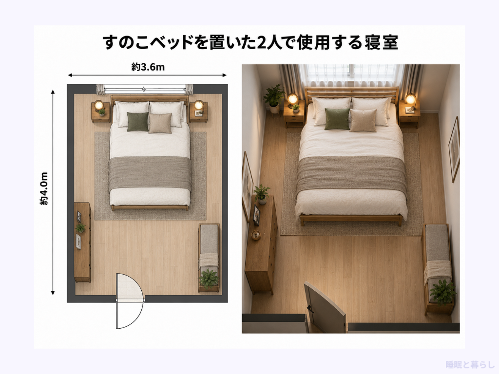 すのこベッドを置いた2人で使用する寝室