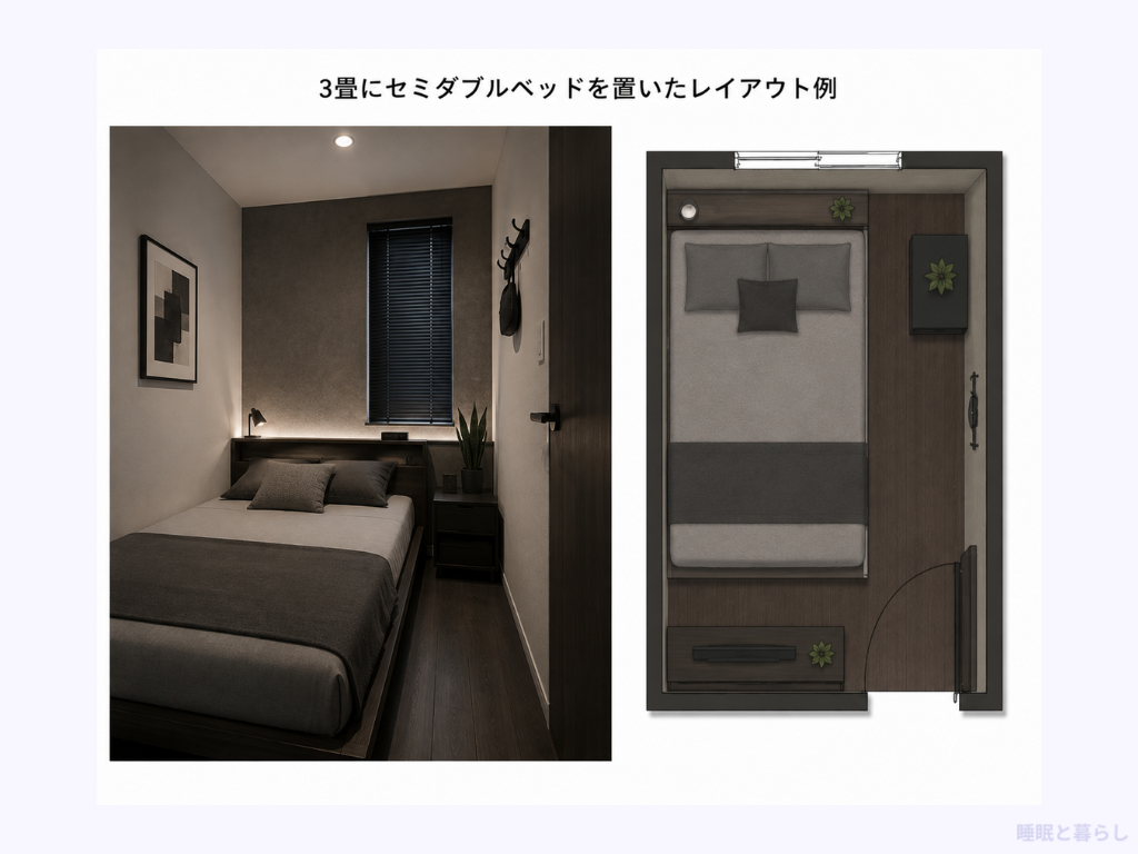 3畳にセミダブルベッドを置いたレイアウト例