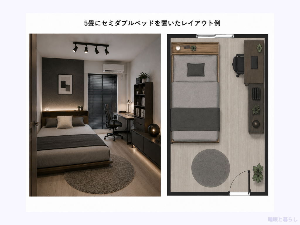 5畳にセミダブルベッドを置いたレイアウト例
