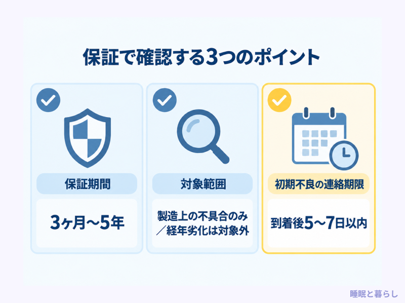 保証期間・対象範囲・初期不良の連絡期限をまとめた図