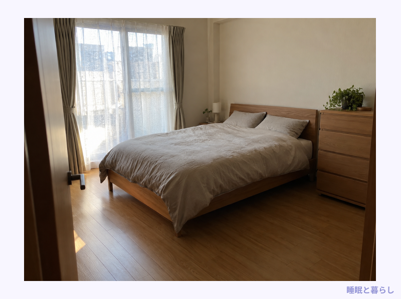 木目調の寝室にクイーンベッドとチェストを配置した部屋