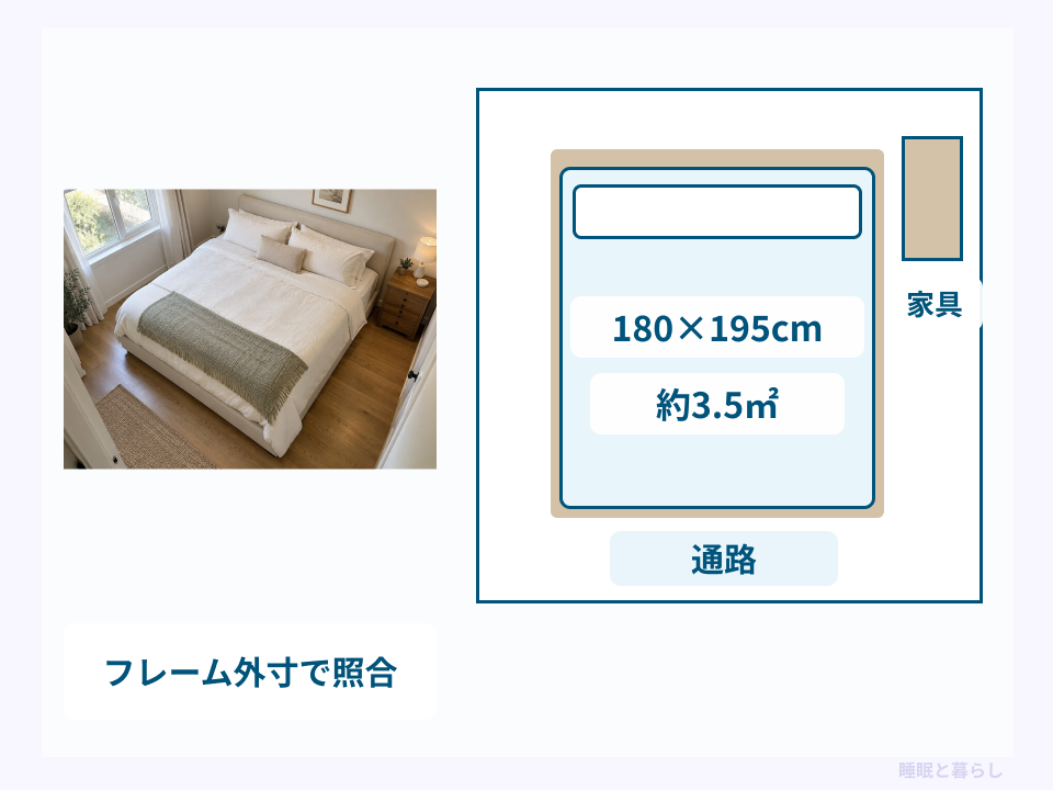 キングサイズのマットレスとベッド周囲の通路・家具スペースを示した配置図