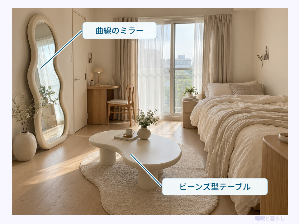 アイボリーを基調に曲線ミラーとビーンズ型テーブルを置いた韓国風の女子部屋