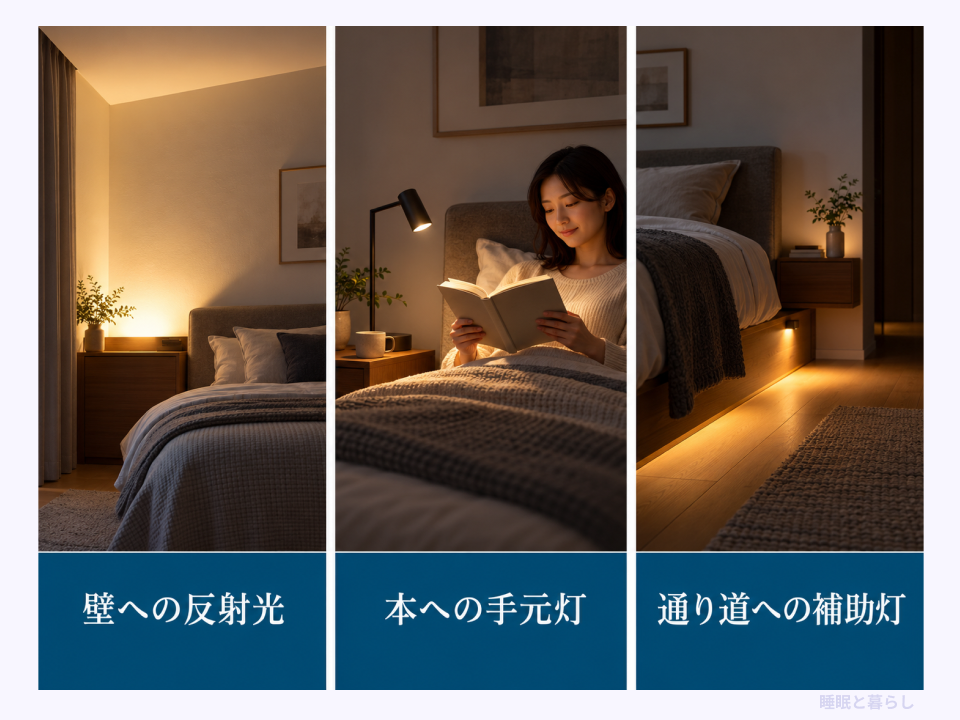 壁への反射光、本への手元灯、通り道への補助灯の役割を比較した図