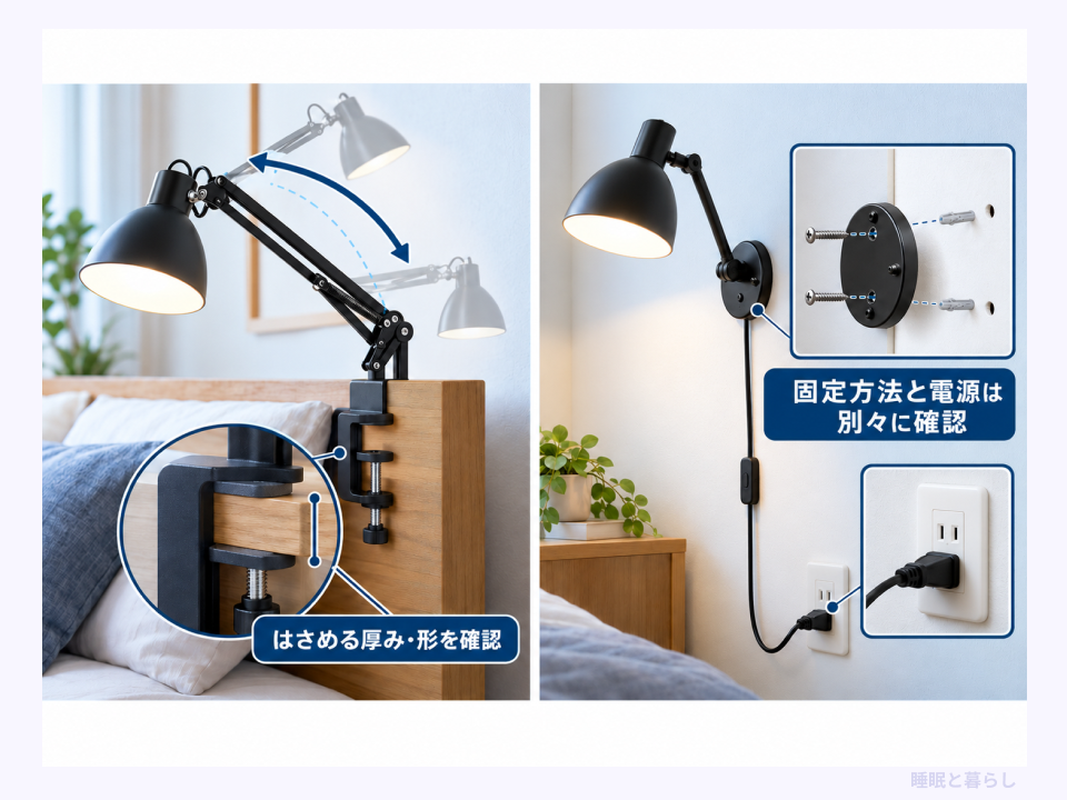 クリップ式ライトの固定部と壁付けライトの固定方法・電源の比較