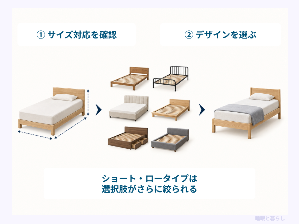 対応サイズを確認してからベッドフレームのデザインを選ぶ流れを示した図