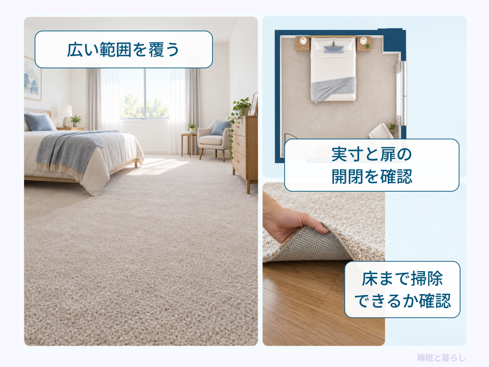 広い範囲を覆うカーペットと、部屋の実寸・扉の開閉・床の掃除を確認する図