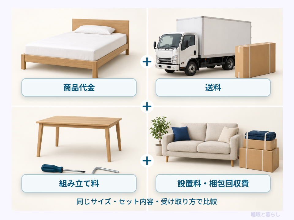 家具の商品代金に送料、組み立て料、設置料などを加えて比較する図