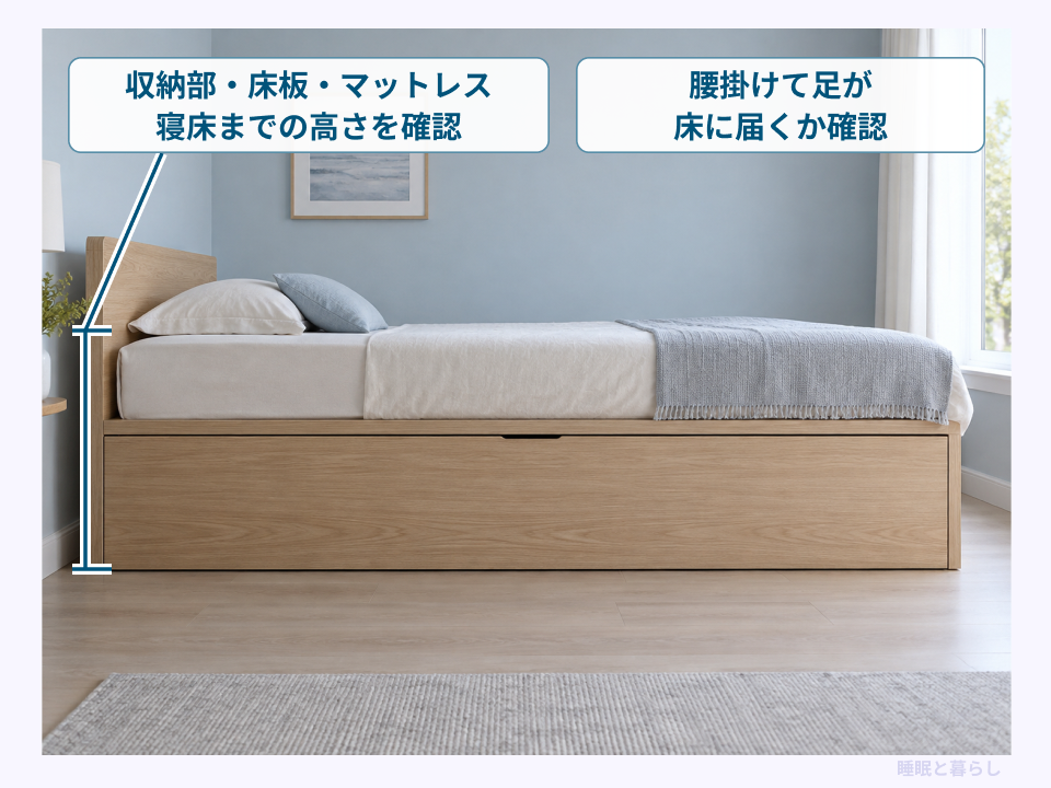 収納部と床板、マットレスを含む寝床の高さを確認する注釈
