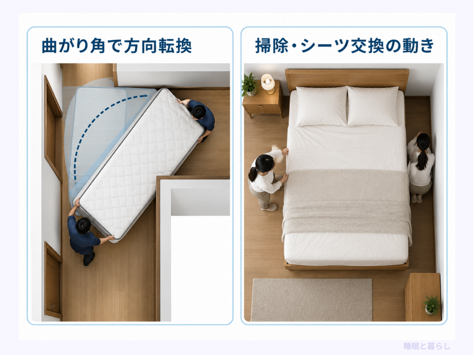 大きなマットレスの方向転換と、壁際のベッドでシーツを交換する際の動きを示した図