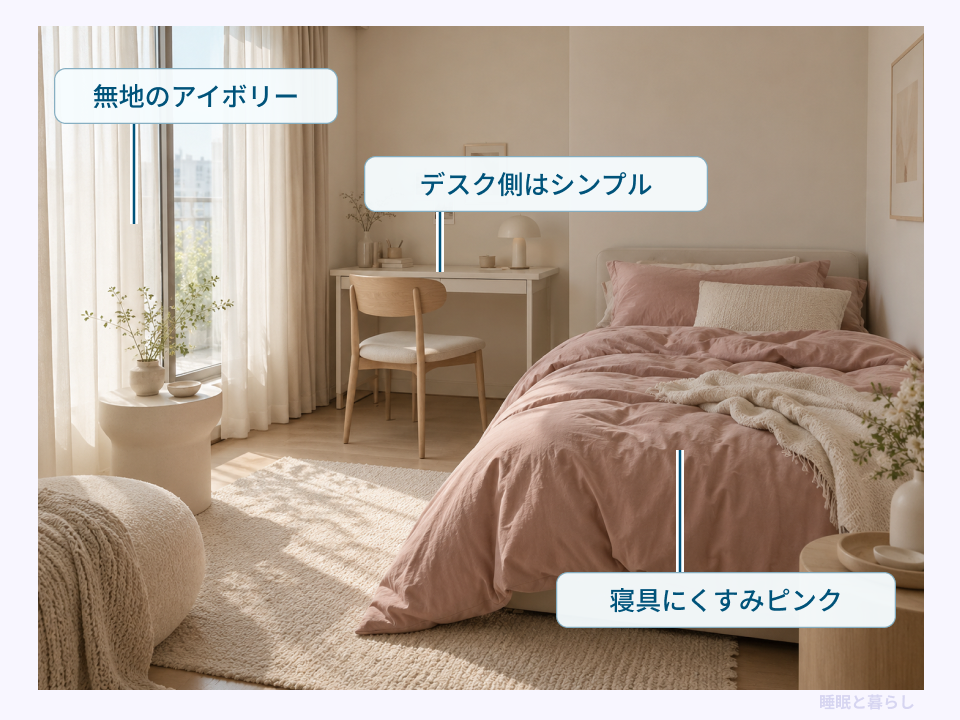 くすみピンクの寝具とアイボリーのカーテンを合わせ、デスク側をシンプルに整えた女子部屋
