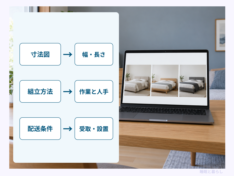 ネットで寸法図、組立方法、配送条件を比べるときの確認項目