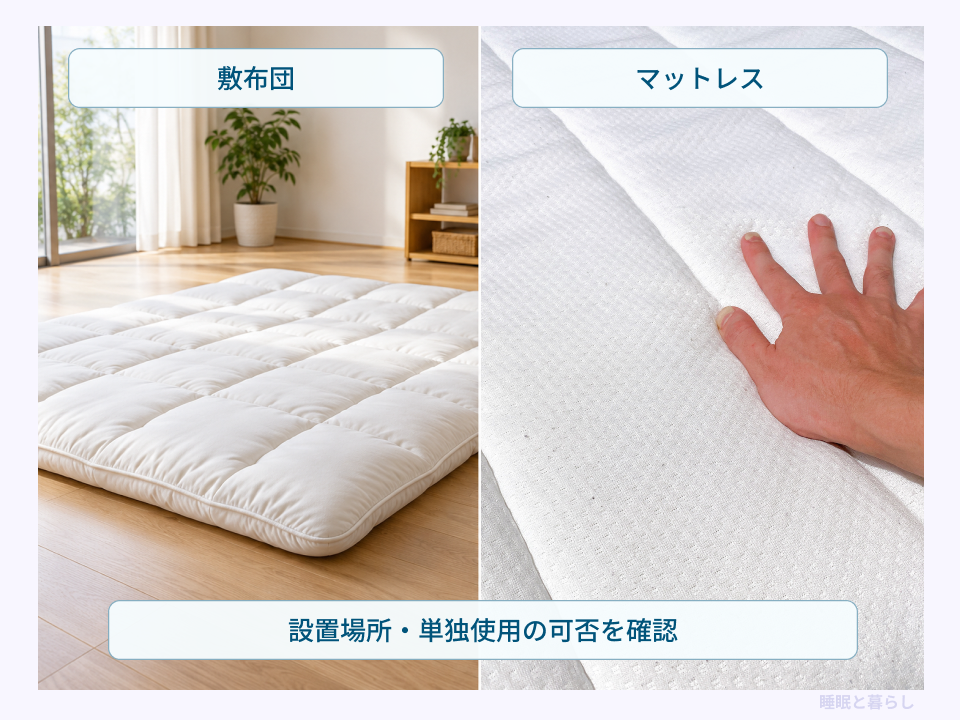 敷布団とマットレスを比較し、設置場所と単独使用の可否を確認する実際の写真