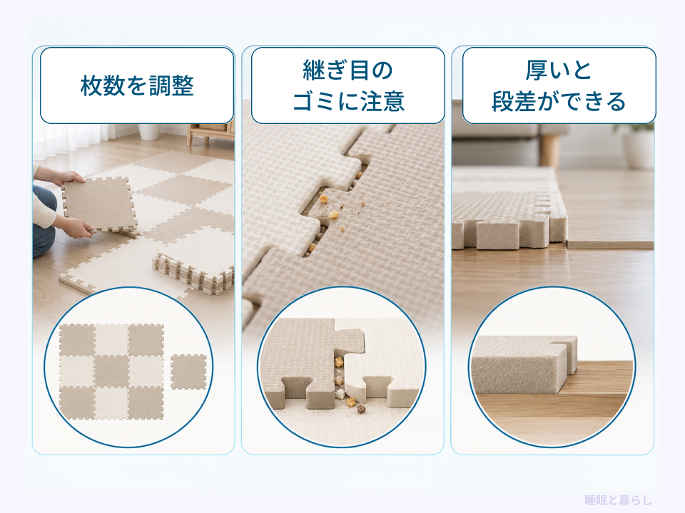 枚数を調整できるジョイントマットと、継ぎ目のゴミや厚みによる段差を示した比較写真