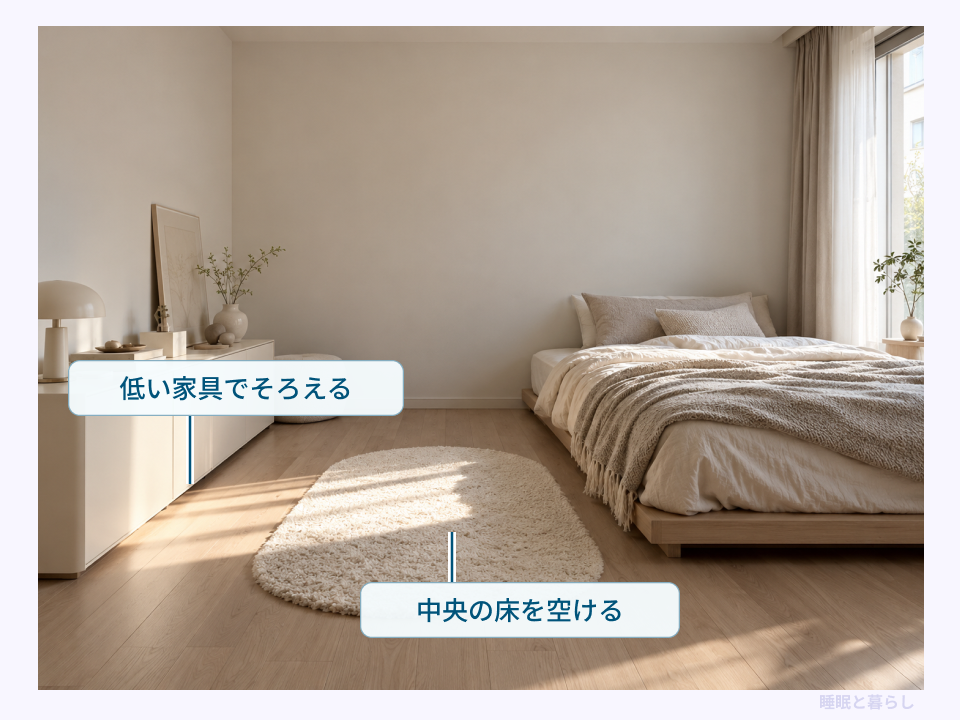 低いベッドと収納家具を置き、中央の床を空けた女子部屋