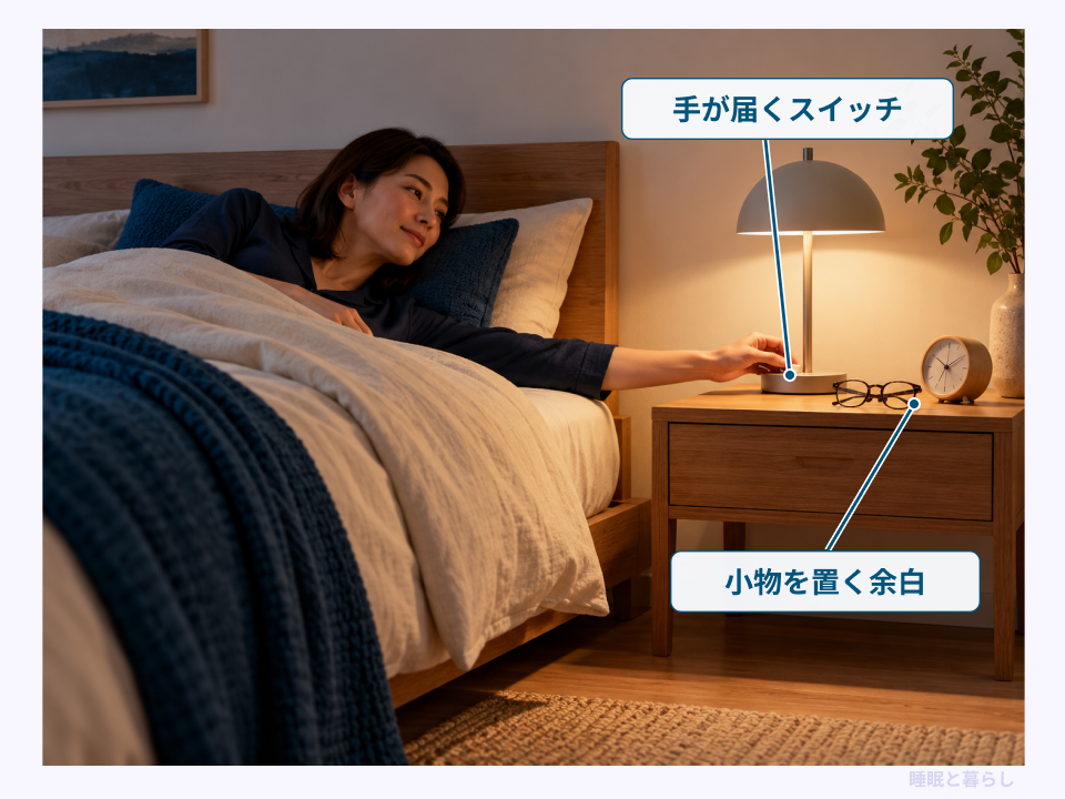 寝た姿勢から届くスイッチと小物を置く余白を示したサイドテーブルの配置例