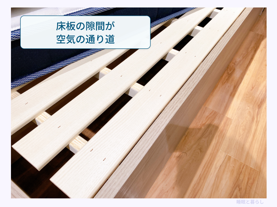 木製すのこ床板の隙間がマットレスの下の空気の通り道になる構造がわかる実際の写真