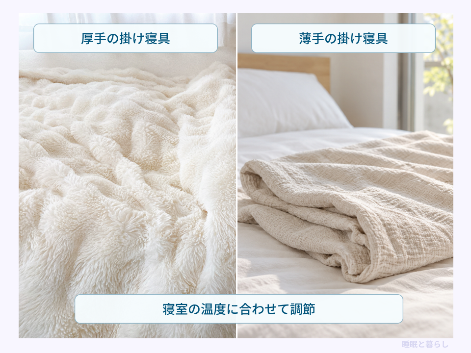 厚手と薄手の掛け寝具を寝室の温度に合わせて使い分ける比較