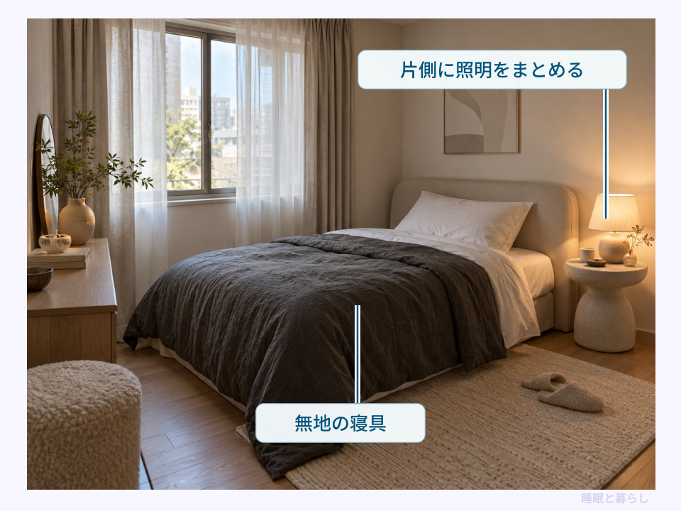 無地の寝具と片側にまとめたベッドサイド照明のコーディネート