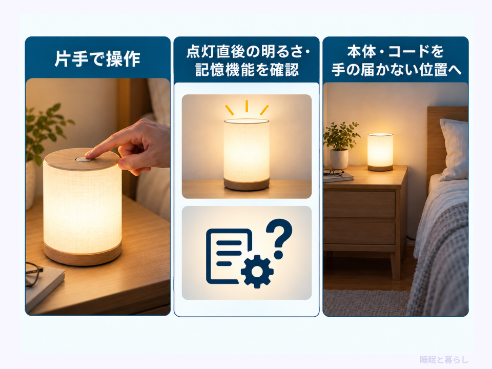 夜間のお世話に使うライトの片手操作、点灯時の明るさ、設置位置