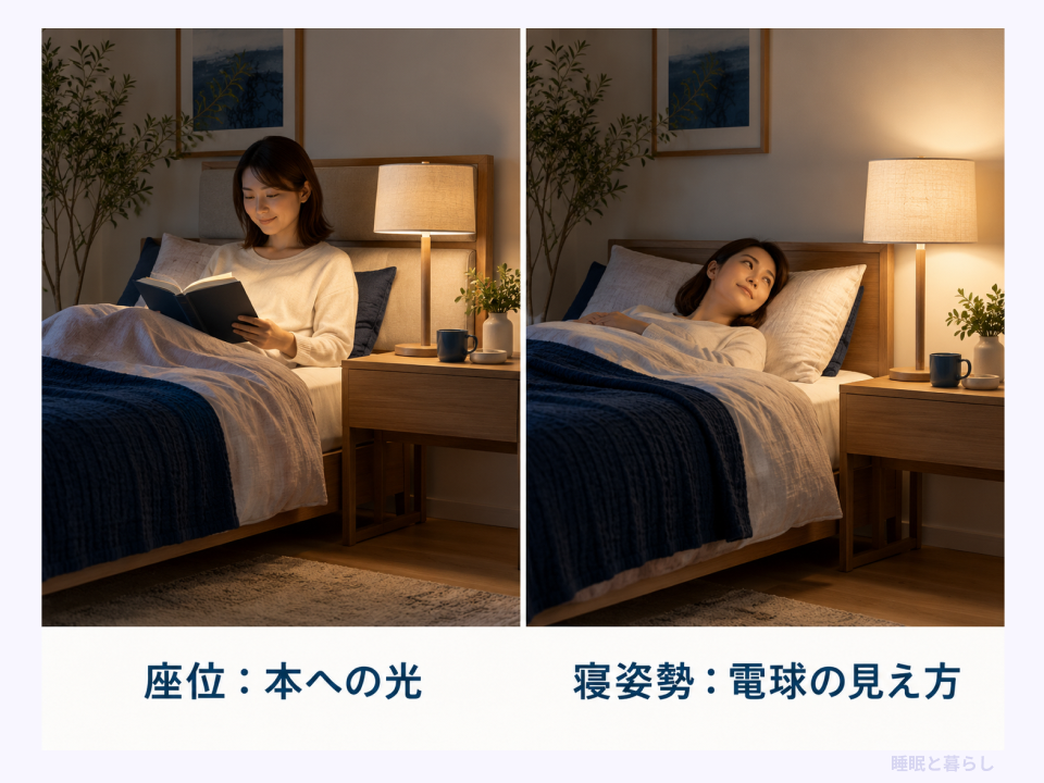 座った姿勢では本への光、寝た姿勢では電球の見え方を確かめる比較例