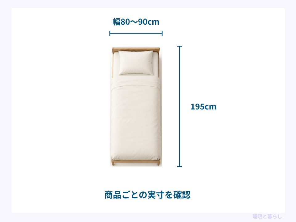 幅80〜90cm、長さ195cmのセミシングルベッドを上から見た寸法図