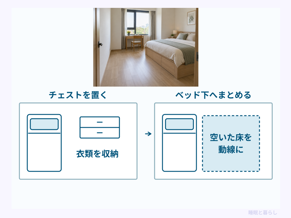 衣類をベッド下へまとめ、チェストが占めていた床を動線に変える配置例