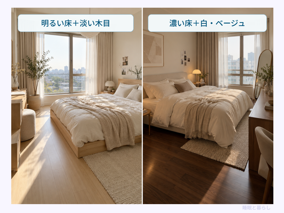 明るい床に淡い木目、濃い床に白やベージュの家具を合わせた配色の比較