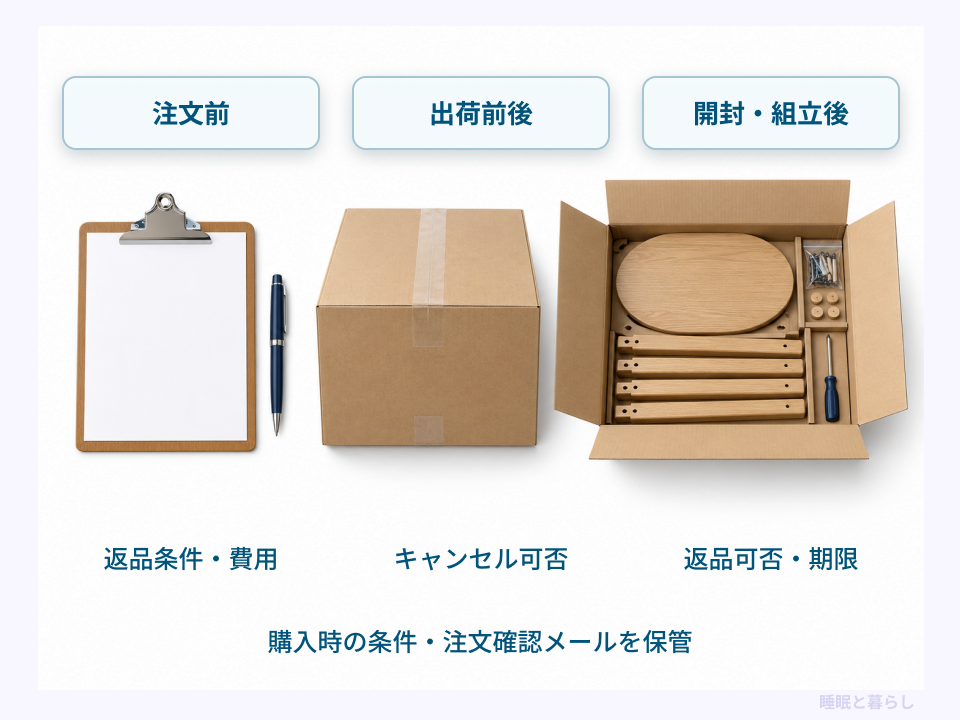 家具の注文前、出荷前後、開封や組み立て後に確認する返品とキャンセルの条件