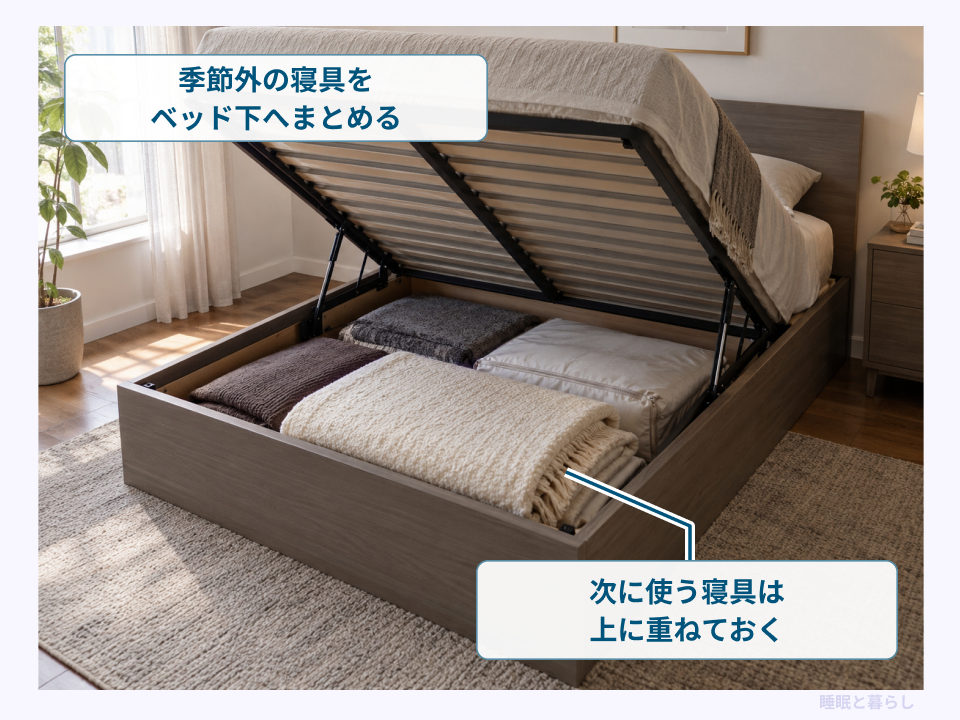 季節外の寝具を収納し、次に使う物を上に置く例