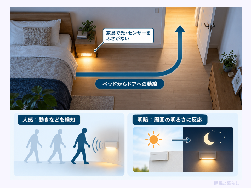 ベッドからドアまでの動線と人感・明暗センサーの検知条件