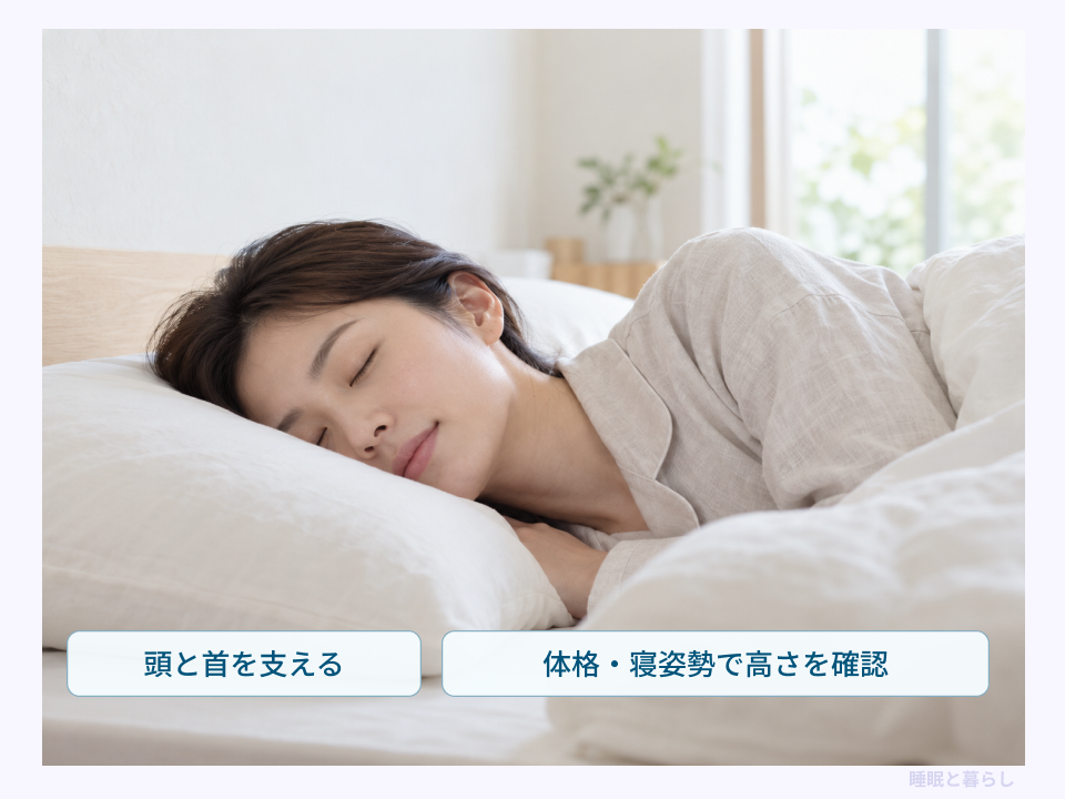 枕で頭と首を支え、体格や寝姿勢に合わせて高さを確認する様子
