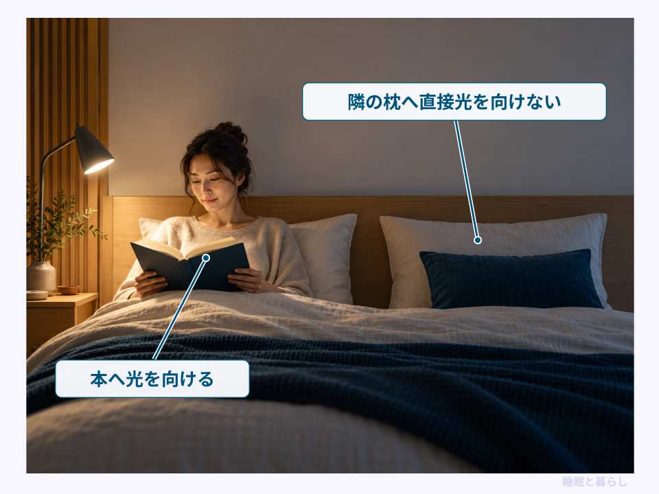 読書する側の本へ光を向け、隣の枕への直接光を避ける配置例