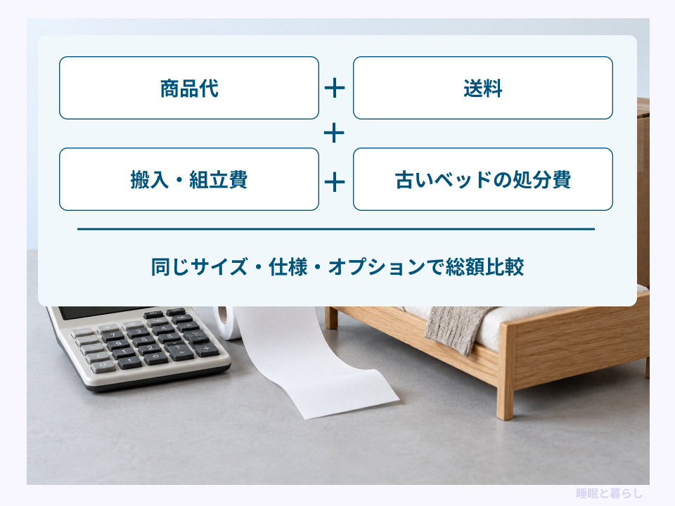 商品代に送料、搬入・組立費、古いベッドの処分費を加えて総額を比べる図