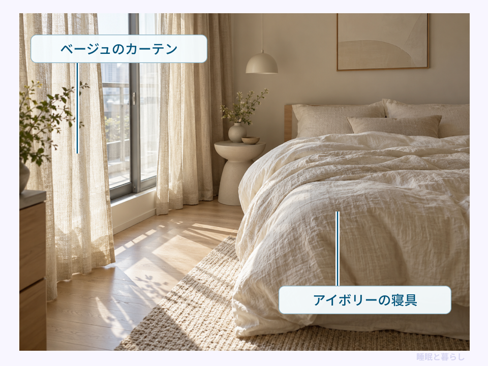 ベージュのカーテンとアイボリーの寝具を合わせた韓国風の女子部屋